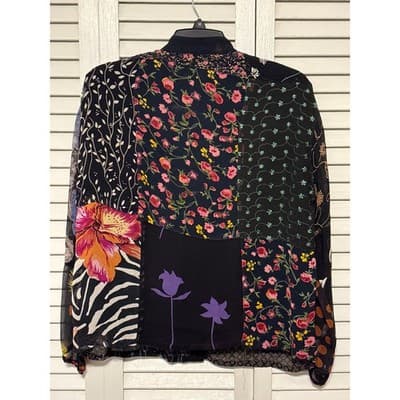 Sacred Threads Black Patchwork Boho Sheer Button Up Shirt Women's Size S/M - Thumbnail 7