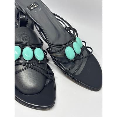 Stuart Weitzman Black Turquoise Cabochon Strappy Kitten Heel Sandal Women's 7 AA - Thumbnail 2