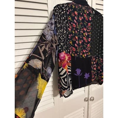 Sacred Threads Black Patchwork Boho Sheer Button Up Shirt Women's Size S/M - Thumbnail 9