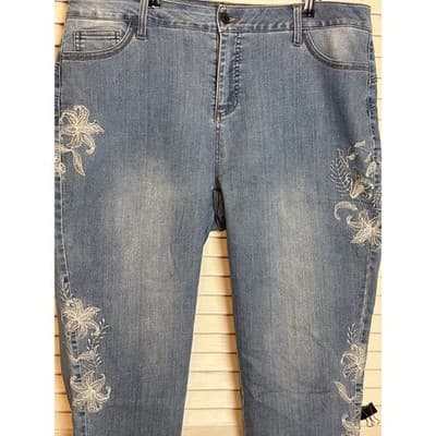 Slim-Sation Blue Floral Embroidered Tassel Crop Denim Jeans Women's Size 18 - Thumbnail 3