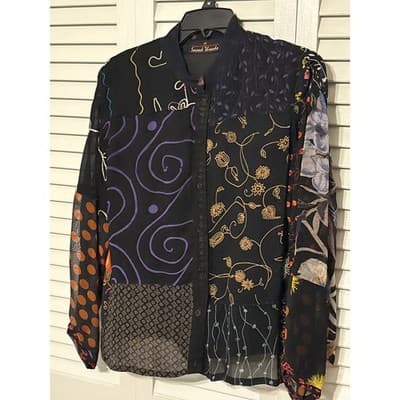 Sacred Threads Black Patchwork Boho Sheer Button Up Shirt Women's Size S/M - Thumbnail 2