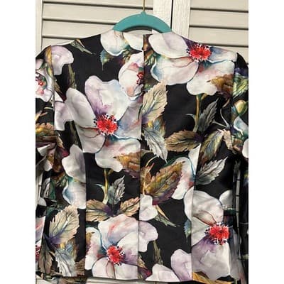 Mango Black and White Floral Open Front Blazer Jacket Women's Size S - Thumbnail 6