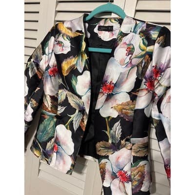 Mango Black and White Floral Open Front Blazer Jacket Women's Size S - Thumbnail 2