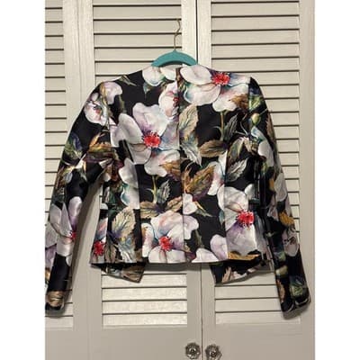 Mango Black and White Floral Open Front Blazer Jacket Women's Size S - Thumbnail 5