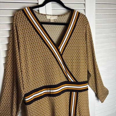Michael Kors Womens Border Print Faux Wrap Dress, Marigold, Preloved Size 1X - Thumbnail 3
