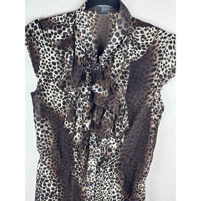 Isabella Rodriguez Leopard Sheer Sleeveless Ruffled Blouse Size Large - Thumbnail 3