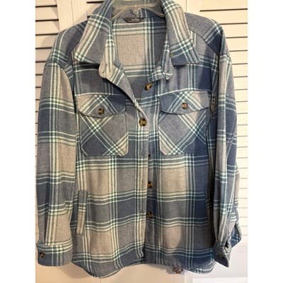 Members Mark Plaid SHACKET With Pockets Sz Large Turquoise and Gray - Thumbnail 2