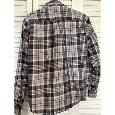 EDDIE BAUER Shirt Mens Medium Button Down Flannel Long Sleeve Gray/Mustard Plaid - Thumbnail 5