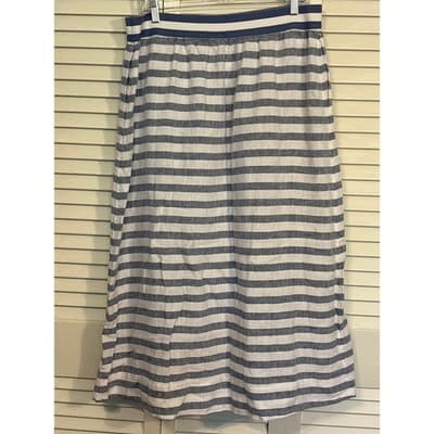 J. Jill Women's Large Love Linen Maxi Skirt Blue Striped Side Button Pockets - Thumbnail 5