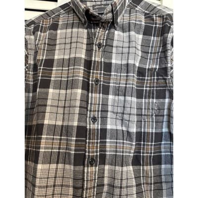 EDDIE BAUER Shirt Mens Medium Button Down Flannel Long Sleeve Gray/Mustard Plaid - Thumbnail 3