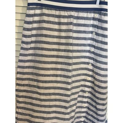J. Jill Women's Large Love Linen Maxi Skirt Blue Striped Side Button Pockets - Thumbnail 2