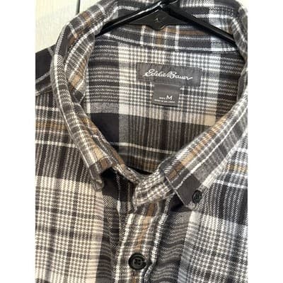 EDDIE BAUER Shirt Mens Medium Button Down Flannel Long Sleeve Gray/Mustard Plaid - Thumbnail 2