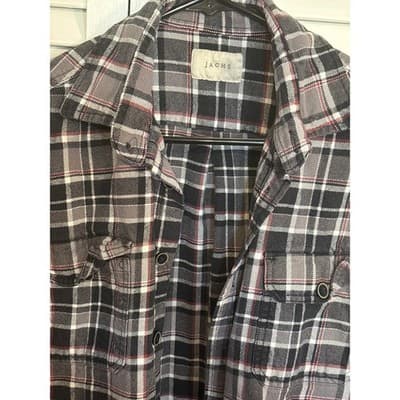 Jachs Men Gray and Red Flannel Button Up Shacket Heavyweight Outdoor Medium - Thumbnail 2