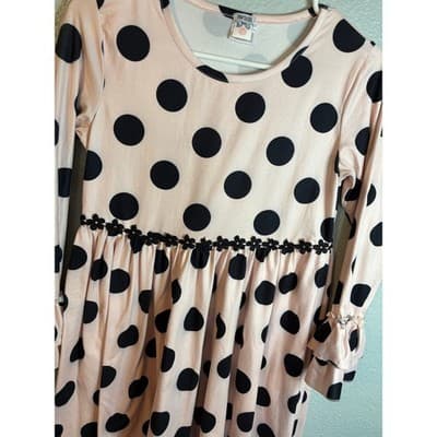 BMG Pink & Black Polka Dot Ruffle Long Sleeve Girls Dress Size 10 - Thumbnail 2
