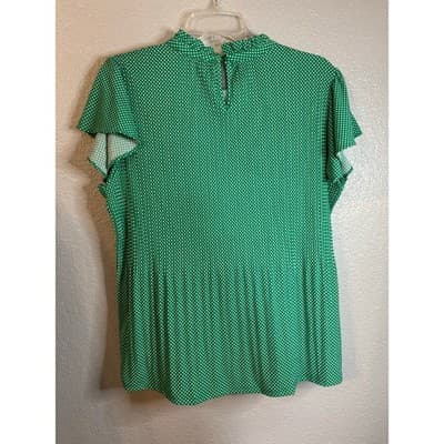 Adrianna Papell Green Polka Dot Ruffle Sleeve Mock Neck Blouse Women's Size L - Thumbnail 2