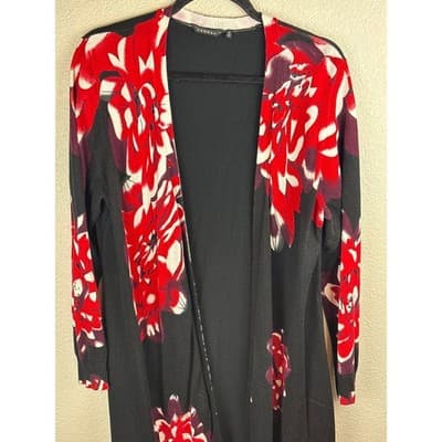 Hannah Red & Black Floral Cardigan Long Sleeve Open w/Side Slits Cozy Chic SZ XL - Thumbnail 2