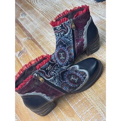 SOCOFY Bohemian Splicing Lace Pattern Zipper Ankle Leather Boots Size 41 US 10 - Thumbnail 7