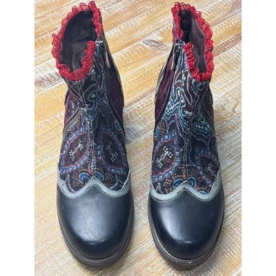 SOCOFY Bohemian Splicing Lace Pattern Zipper Ankle Leather Boots Size 41 US 10 - Thumbnail 2