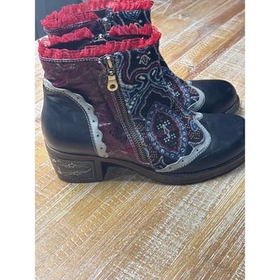 SOCOFY Bohemian Splicing Lace Pattern Zipper Ankle Leather Boots Size 41 US 10 - Thumbnail 5