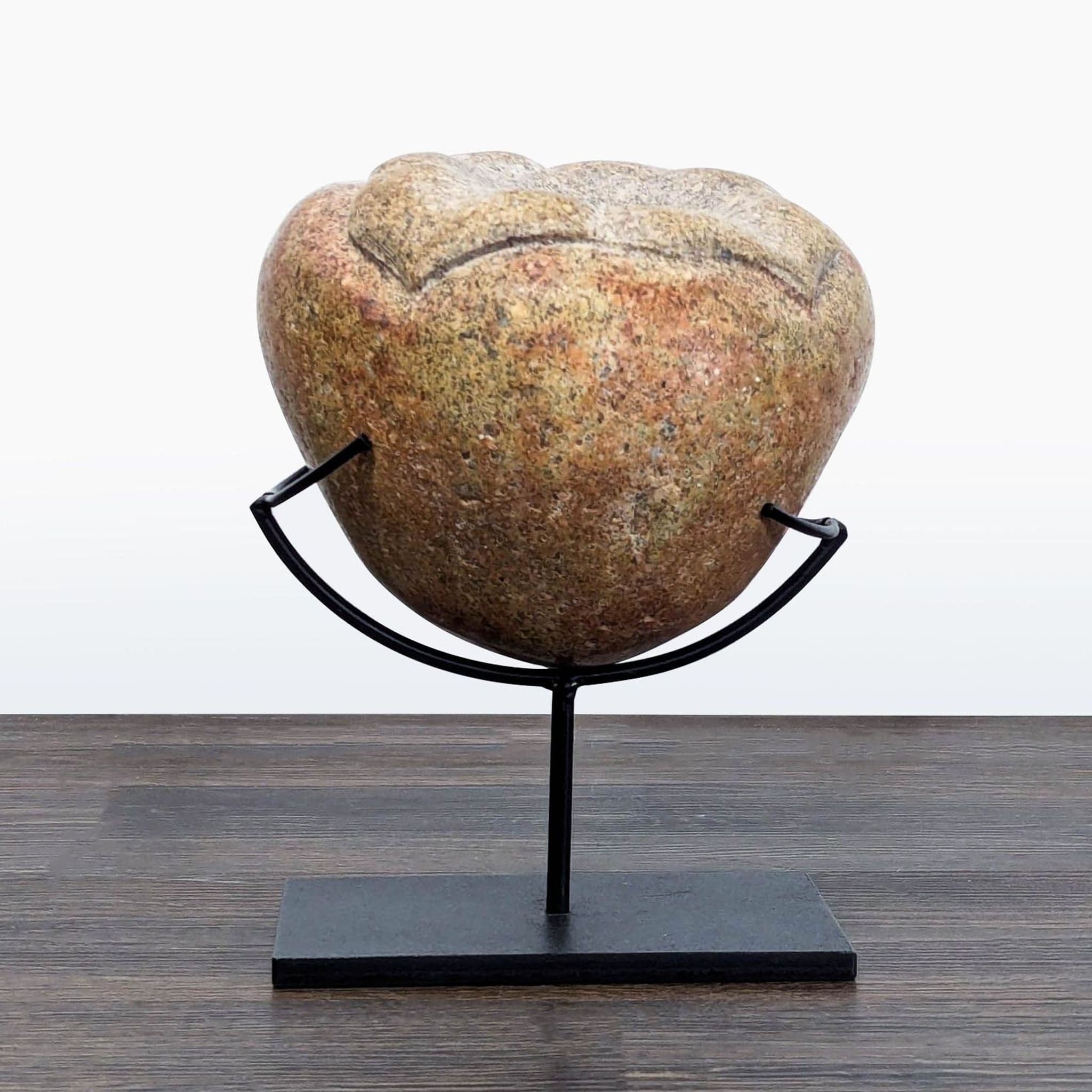 Natural Stone Sculpture with Metal Stand - Unique Engraved Art Piece