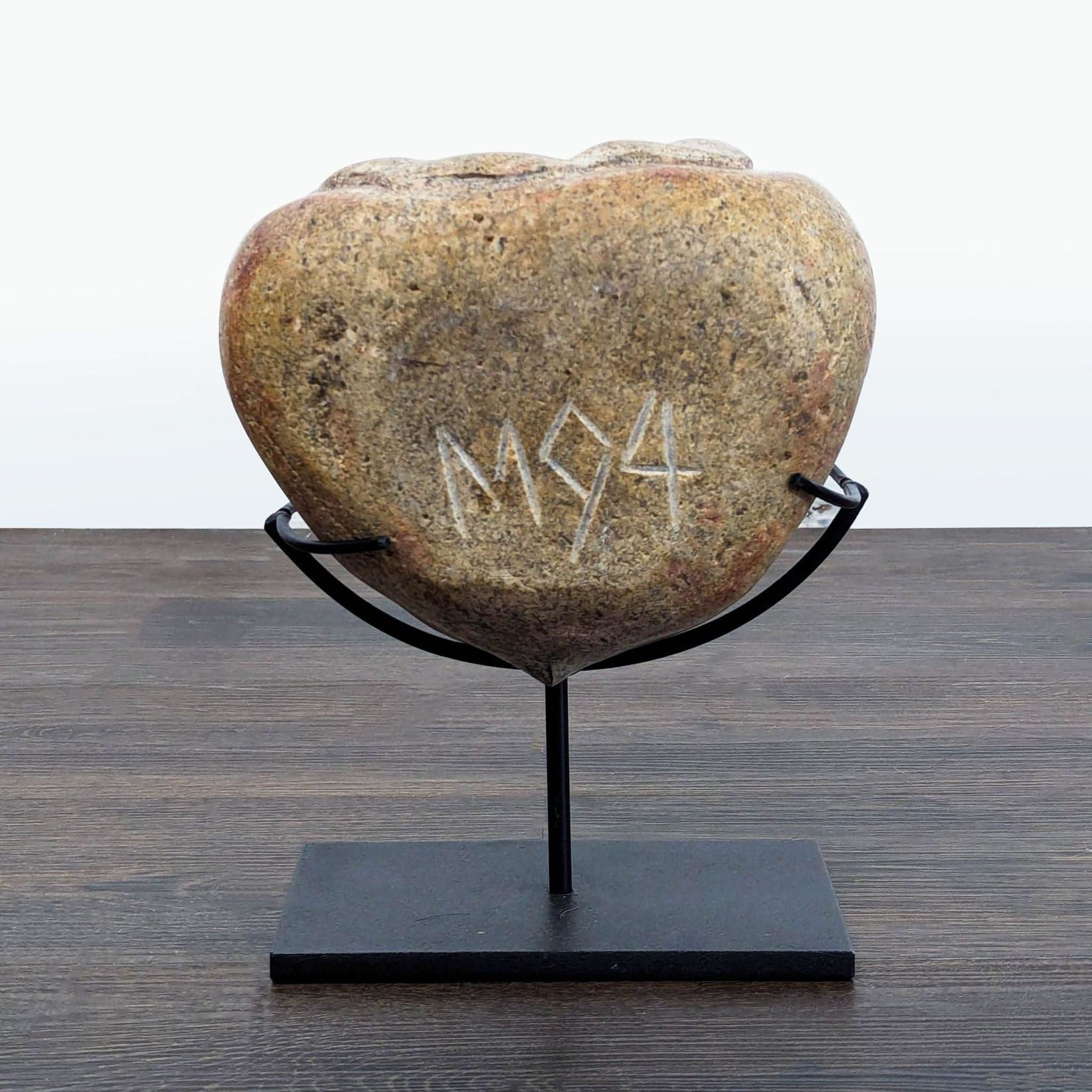 Natural Stone Sculpture with Metal Stand - Unique Engraved Art Piece - Thumbnail 2