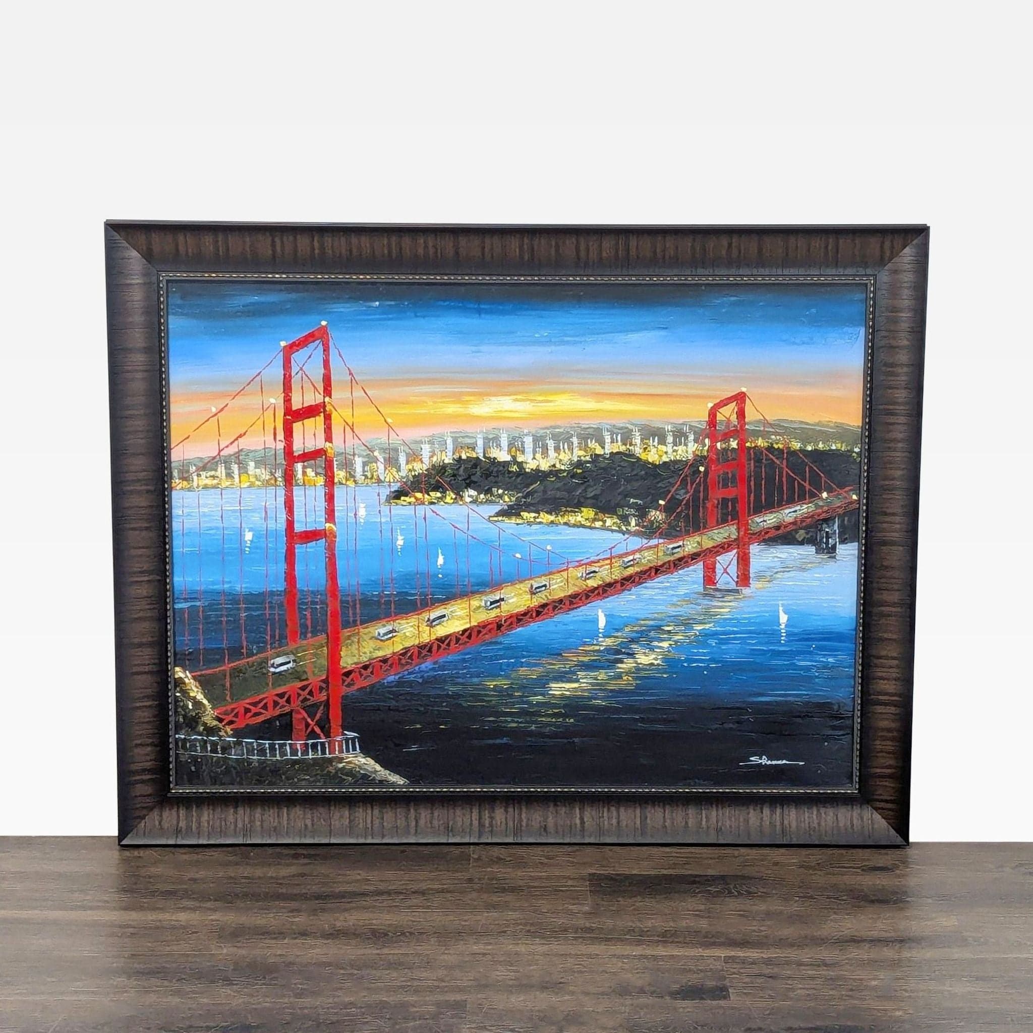 Framed Golden Gate Bridge Original Oil Painting – Vibrant Cityscape Art