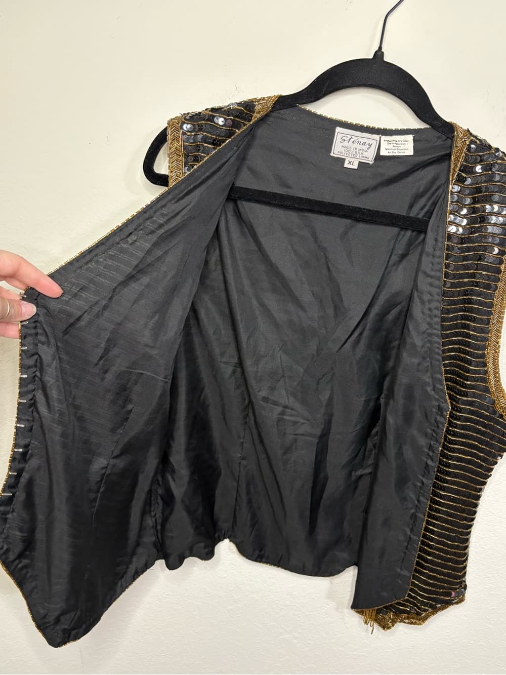 Vintage Stenay Black Sequin Beaded 100% Silk Vest with Gold Trim size XL - Thumbnail 7