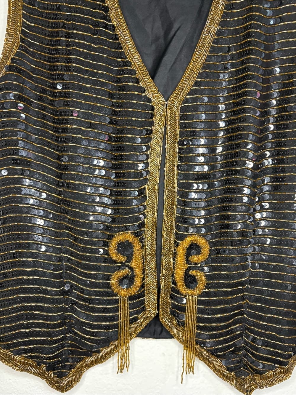 Vintage Stenay Black Sequin Beaded 100% Silk Vest with Gold Trim size XL - Thumbnail 3