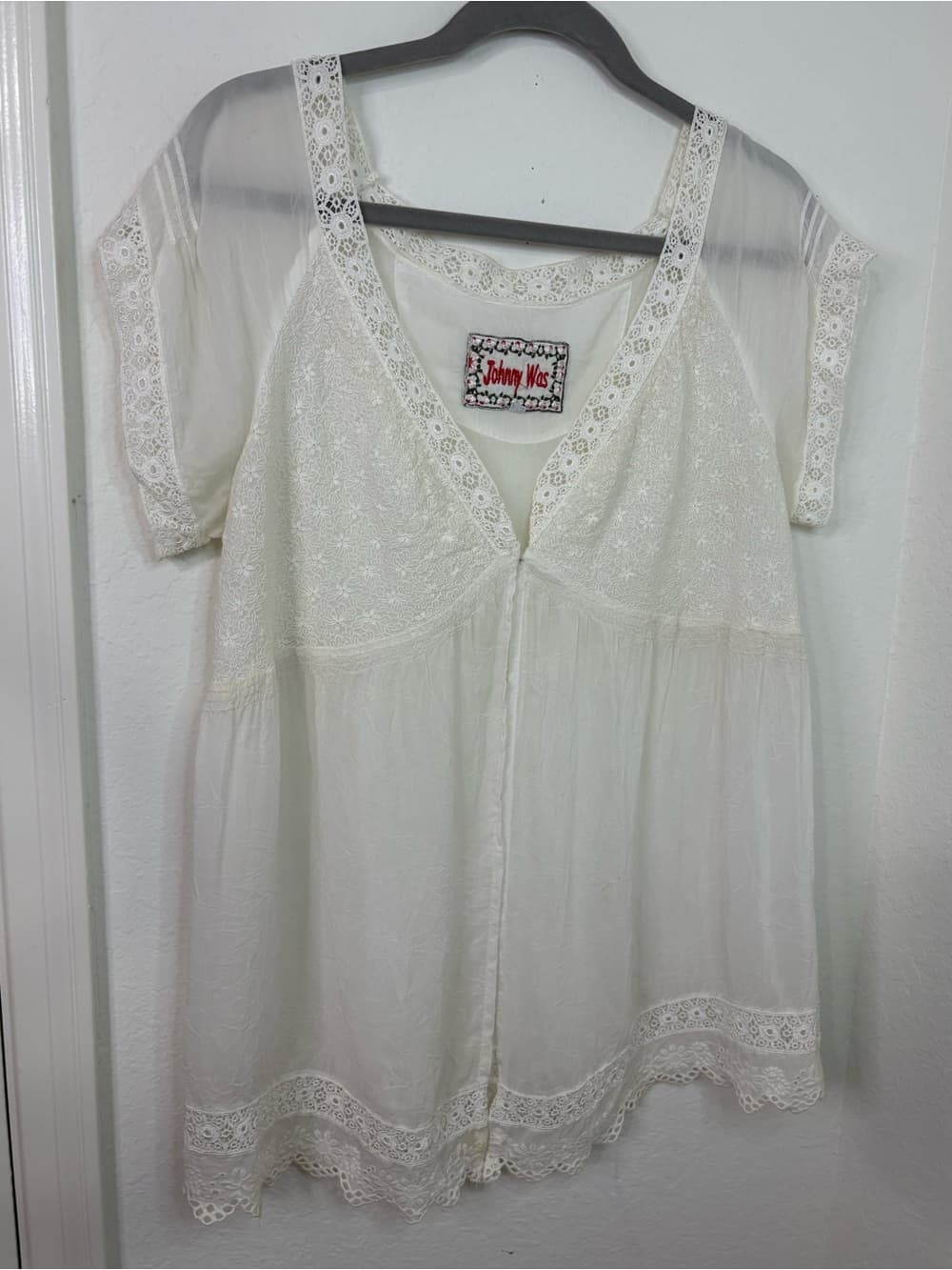 Johnny Was Ivory Embroidered Lace Boho Peasant Blouse Sheer Sleeve Medium - Thumbnail 2