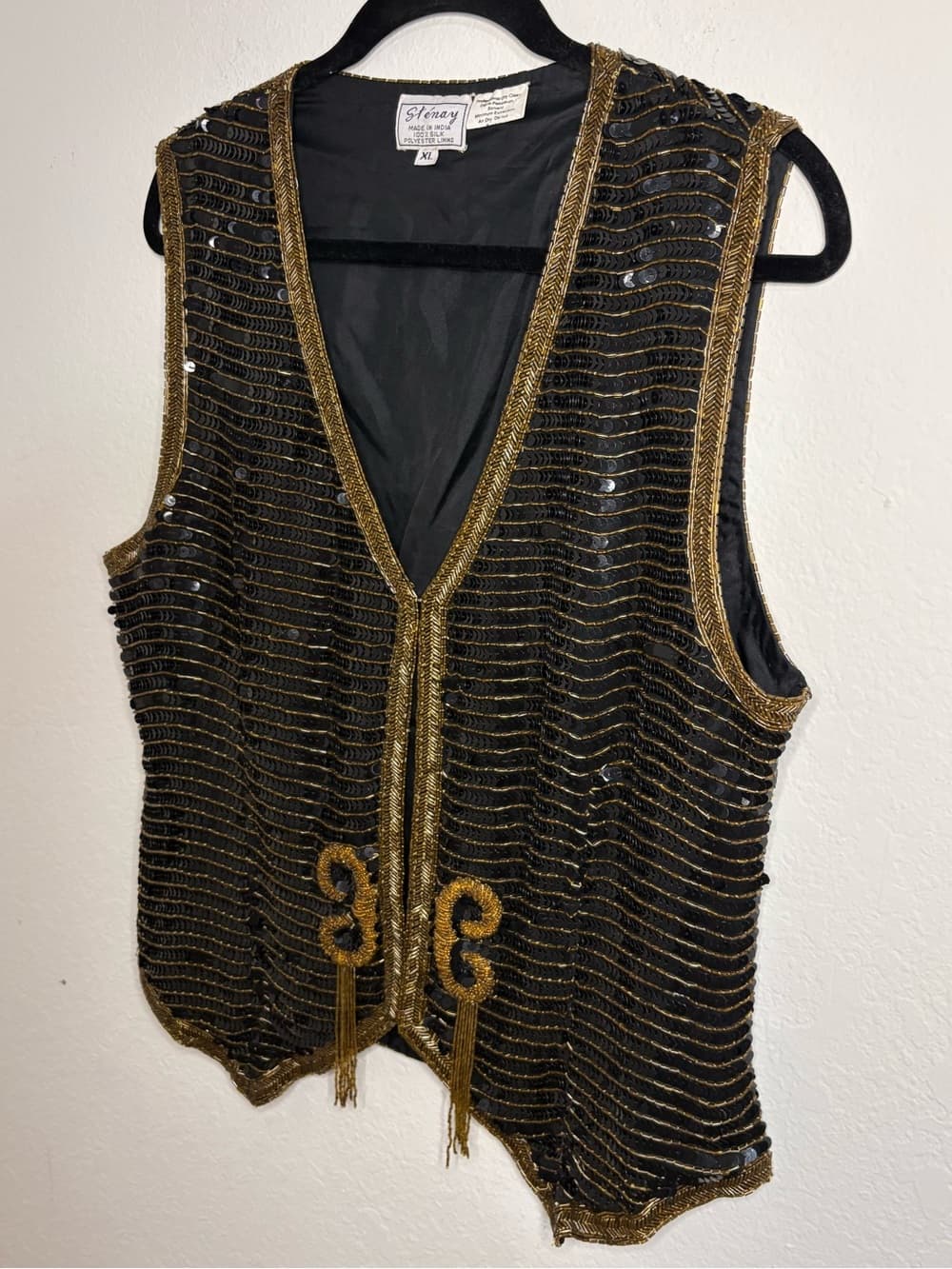 Vintage Stenay Black Sequin Beaded 100% Silk Vest with Gold Trim size XL - Thumbnail 6