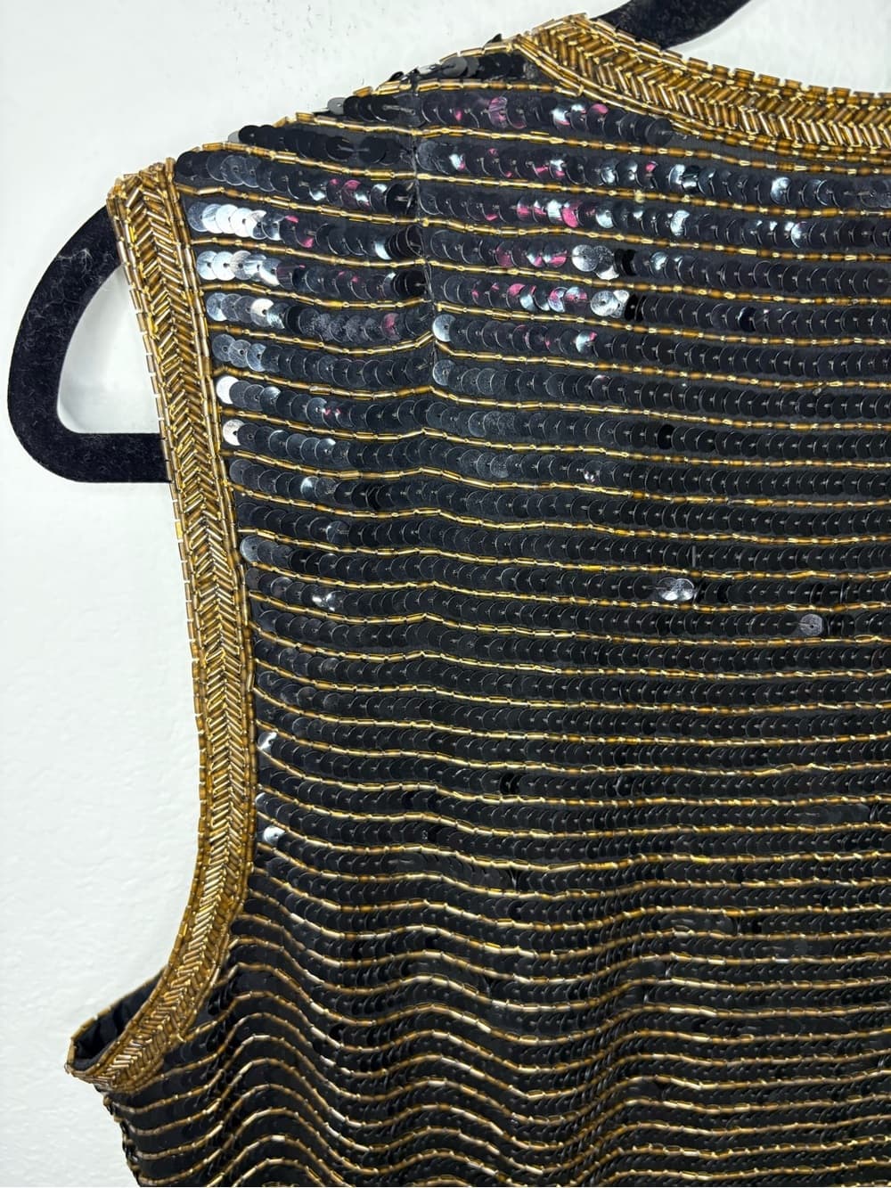 Vintage Stenay Black Sequin Beaded 100% Silk Vest with Gold Trim size XL - Thumbnail 10