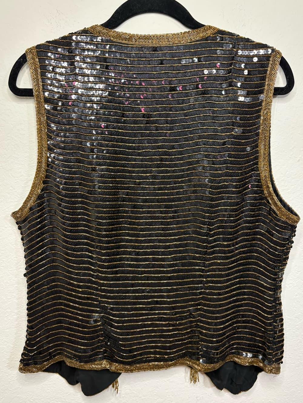 Vintage Stenay Black Sequin Beaded 100% Silk Vest with Gold Trim size XL - Thumbnail 8