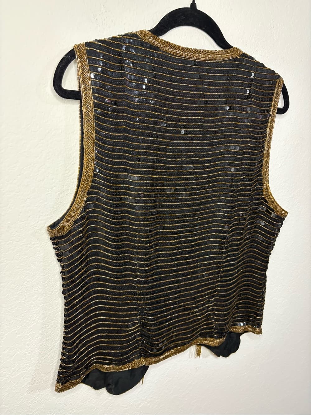 Vintage Stenay Black Sequin Beaded 100% Silk Vest with Gold Trim size XL - Thumbnail 9