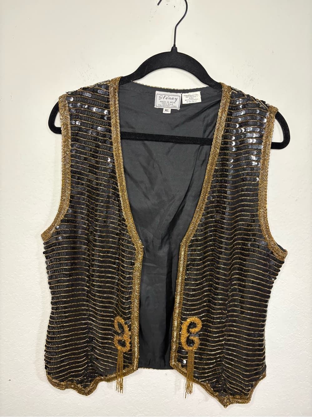 Vintage Stenay Black Sequin Beaded 100% Silk Vest with Gold Trim size XL - Thumbnail 11