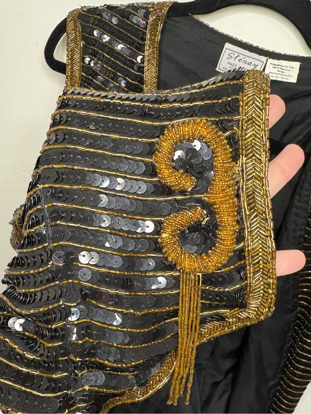 Vintage Stenay Black Sequin Beaded 100% Silk Vest with Gold Trim size XL - Thumbnail 12