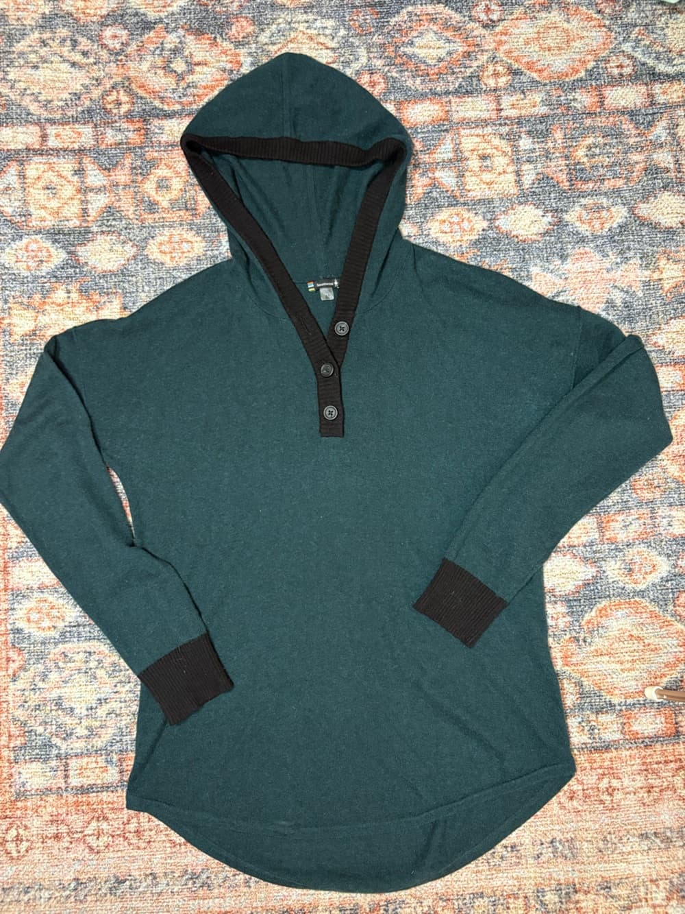 Smartwool Shadow Pine hoodie sweater with button henley neckline green size M