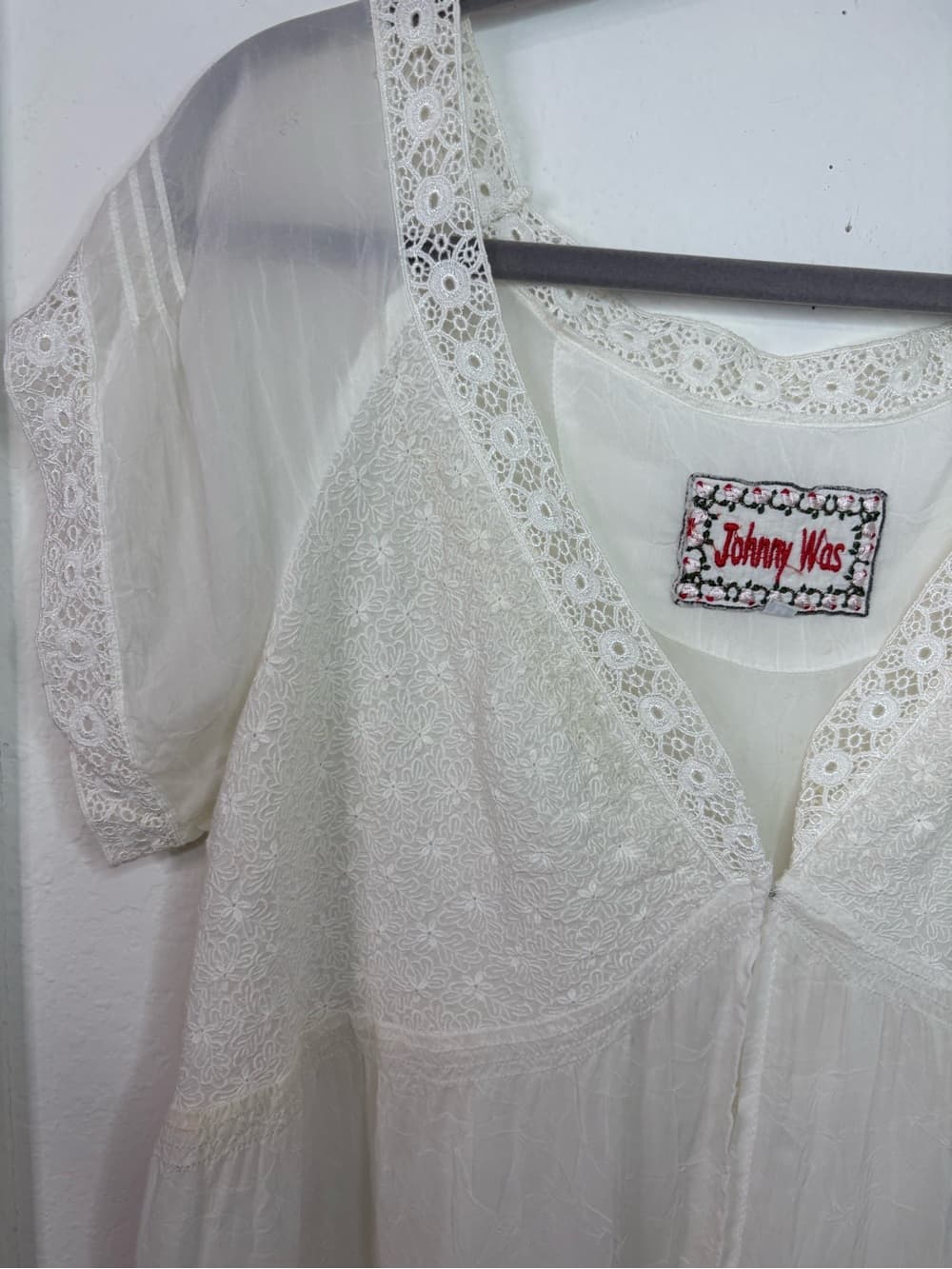 Johnny Was Ivory Embroidered Lace Boho Peasant Blouse Sheer Sleeve Medium - Thumbnail 3