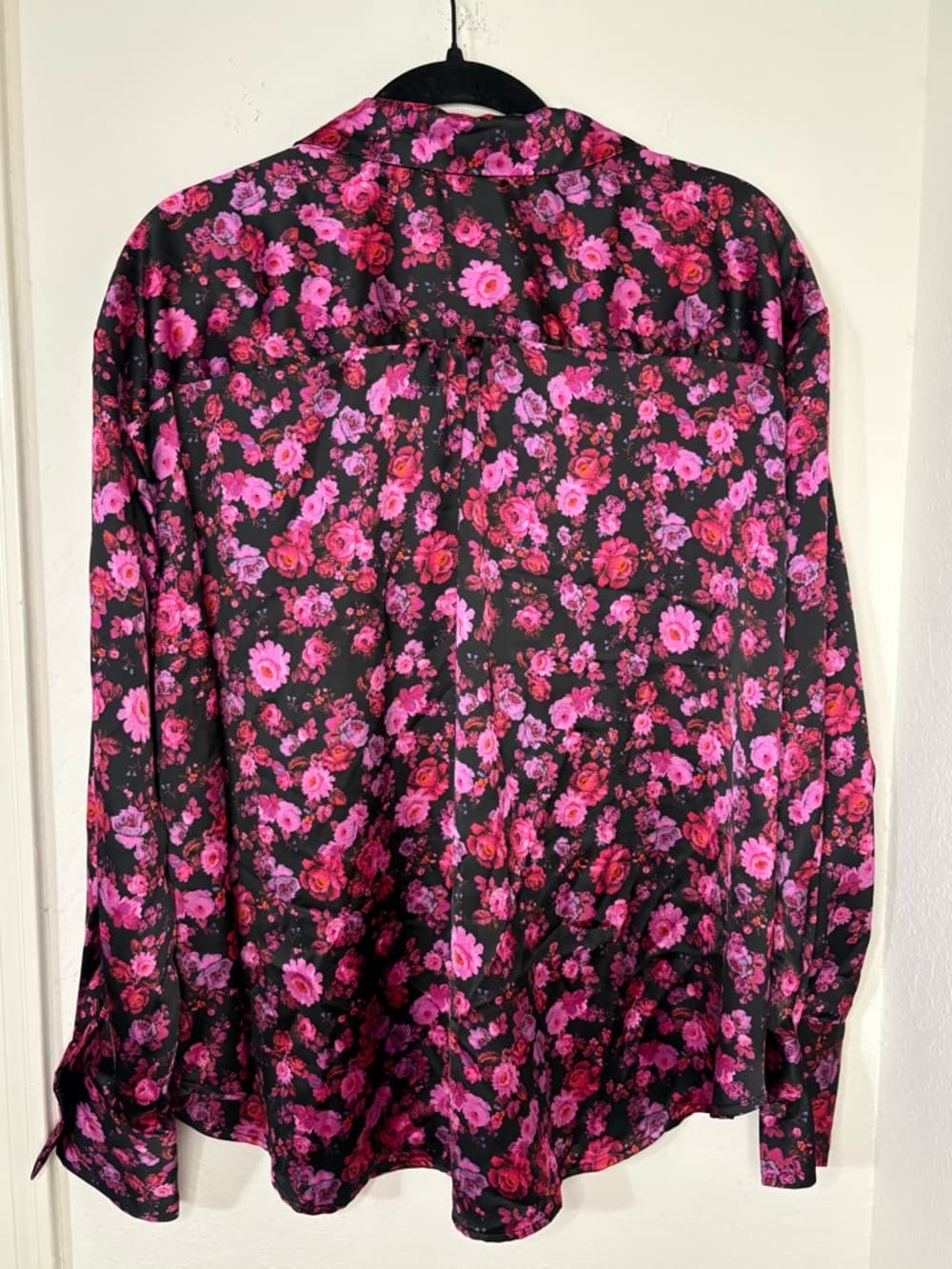 For Love & Lemons Floral Lola Silk-Like Button Down Top pink and black size L - Thumbnail 7