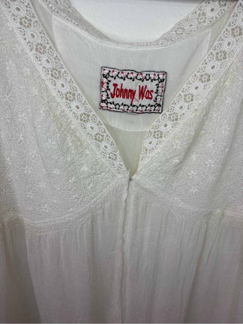 Johnny Was Ivory Embroidered Lace Boho Peasant Blouse Sheer Sleeve Medium - Thumbnail 14