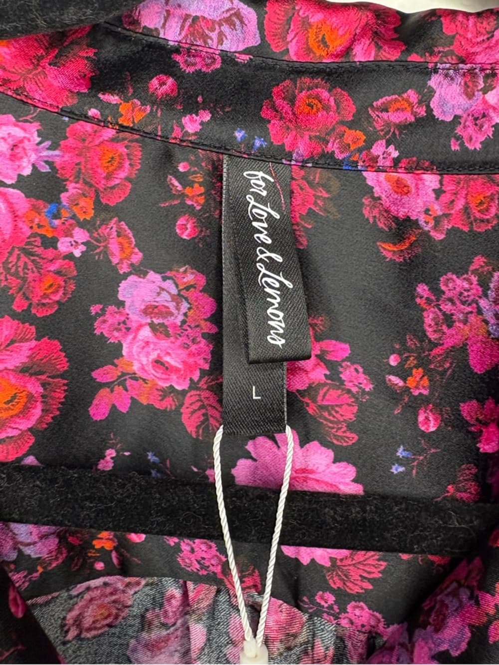 For Love & Lemons Floral Lola Silk-Like Button Down Top pink and black size L - Thumbnail 4