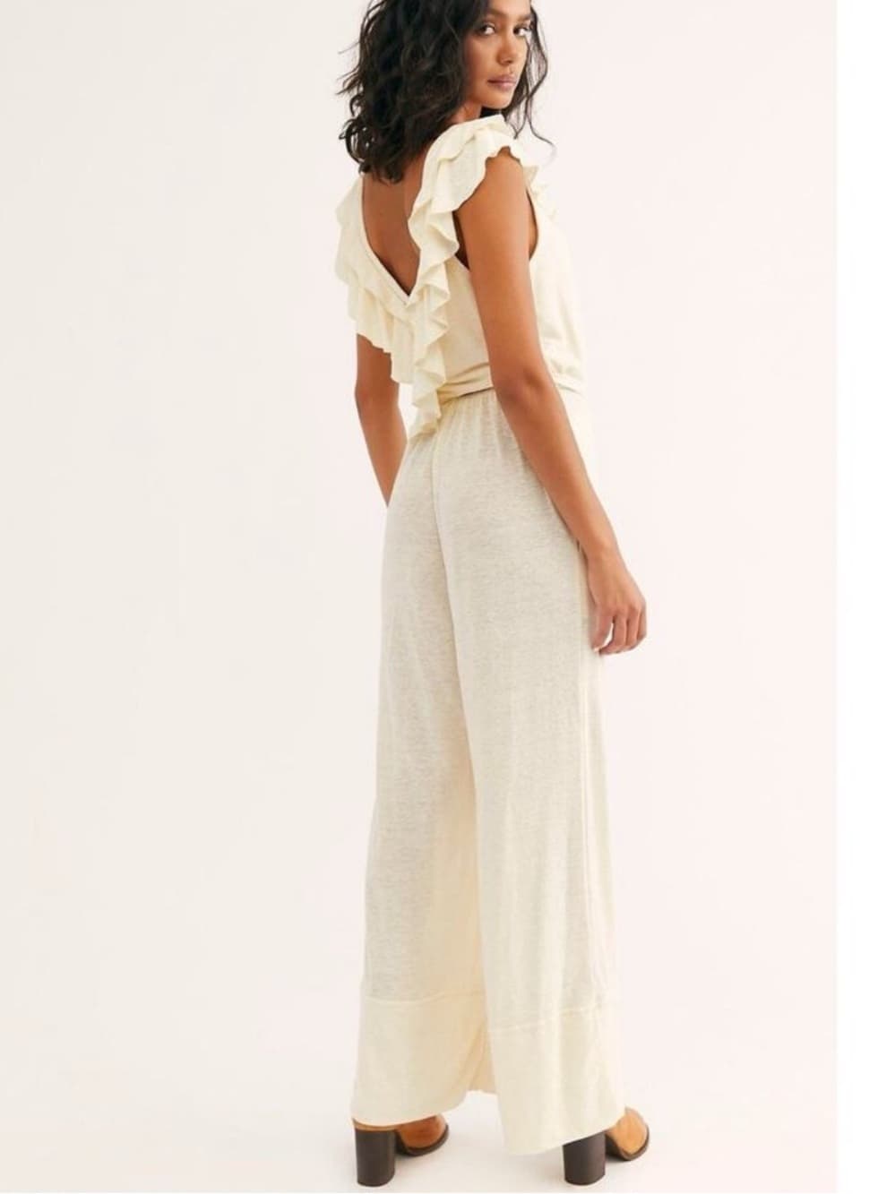 Free People Beach Linen Blend Calluna Jumpsuit Ruffle details tie back size XS