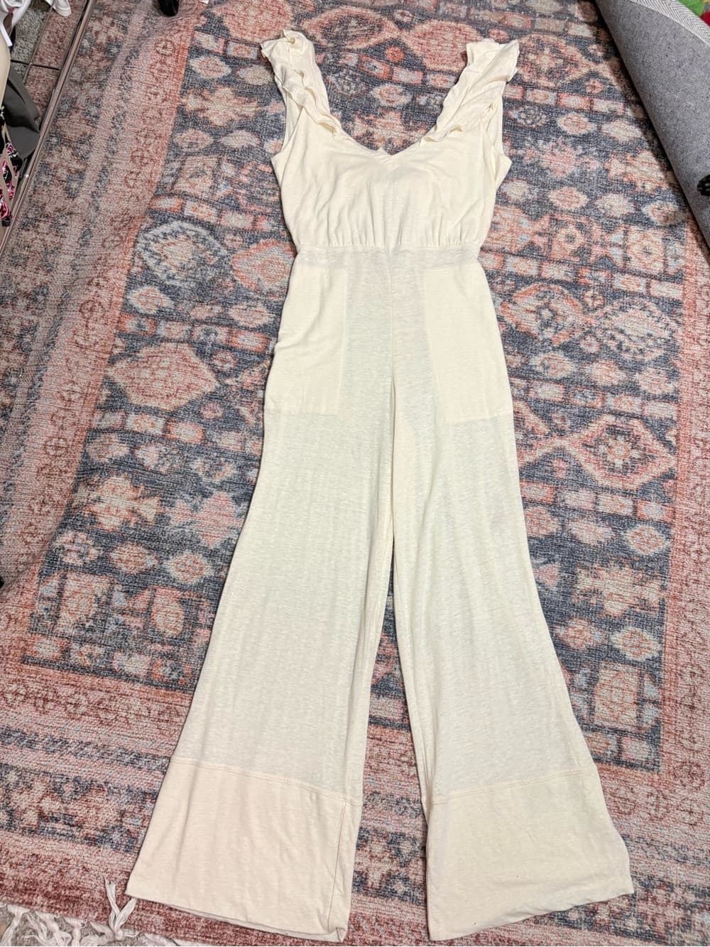 Free People Beach Linen Blend Calluna Jumpsuit Ruffle details tie back size XS - Thumbnail 9