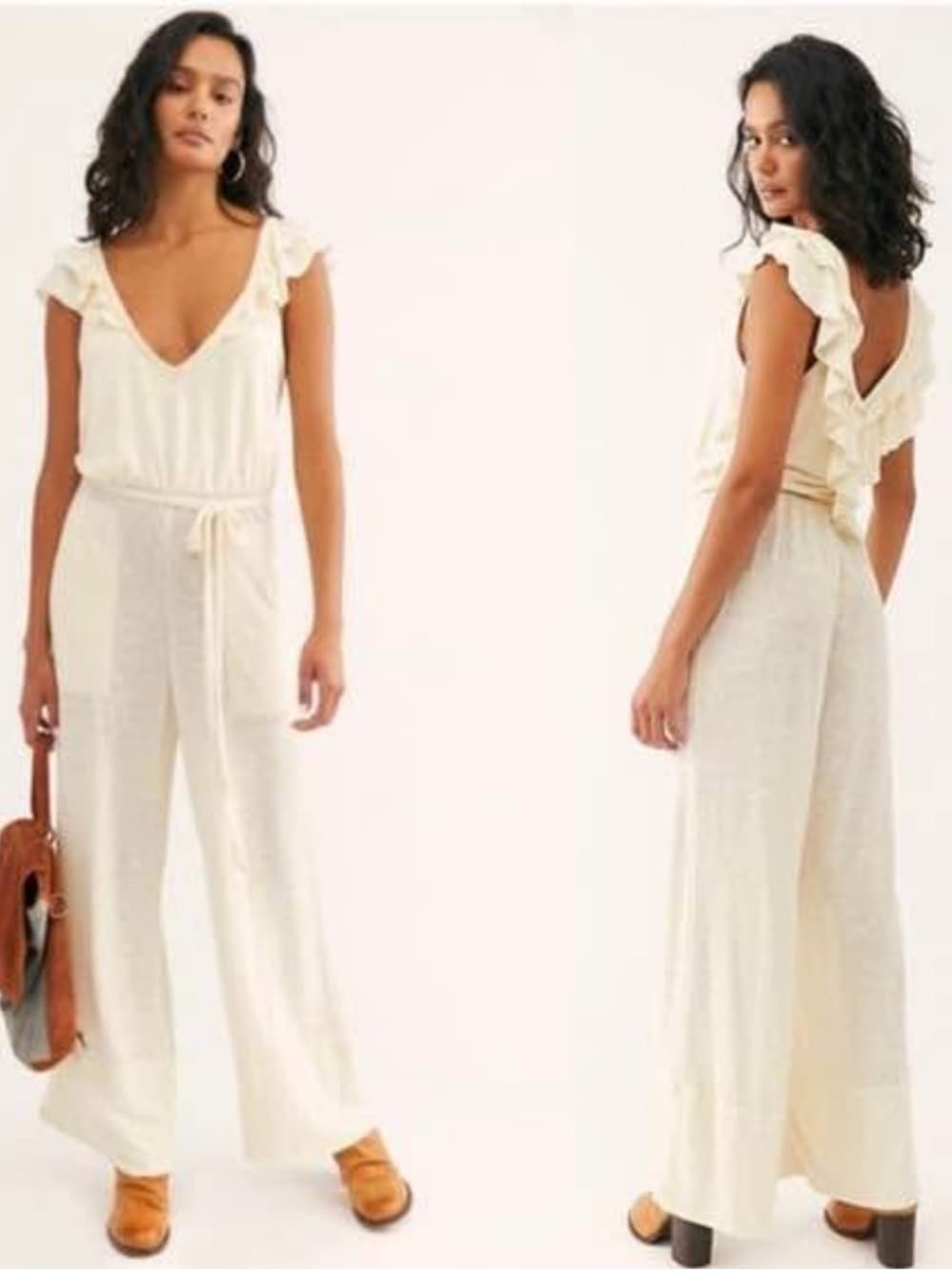 Free People Beach Linen Blend Calluna Jumpsuit Ruffle details tie back size XS - Thumbnail 13