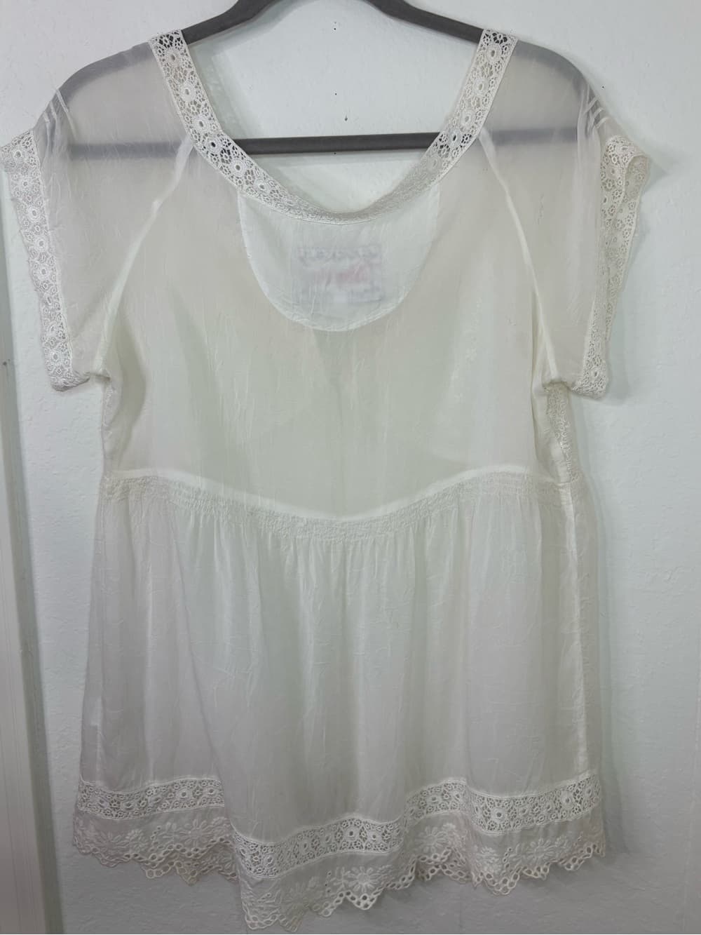 Johnny Was Ivory Embroidered Lace Boho Peasant Blouse Sheer Sleeve Medium - Thumbnail 9