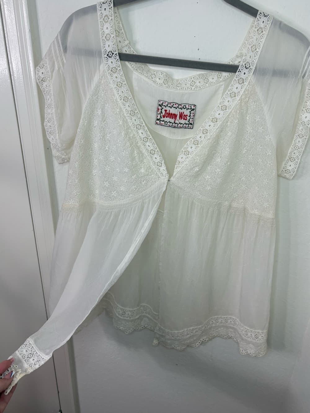 Johnny Was Ivory Embroidered Lace Boho Peasant Blouse Sheer Sleeve Medium - Thumbnail 7