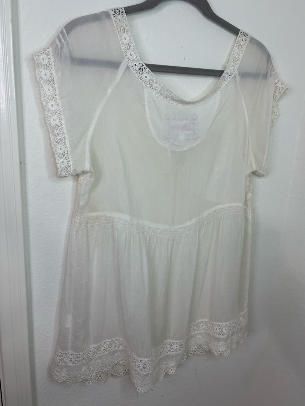 Johnny Was Ivory Embroidered Lace Boho Peasant Blouse Sheer Sleeve Medium - Thumbnail 10