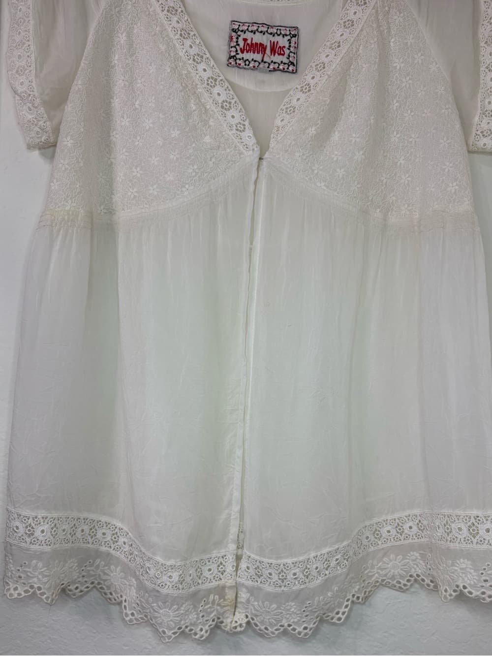 Johnny Was Ivory Embroidered Lace Boho Peasant Blouse Sheer Sleeve Medium - Thumbnail 5