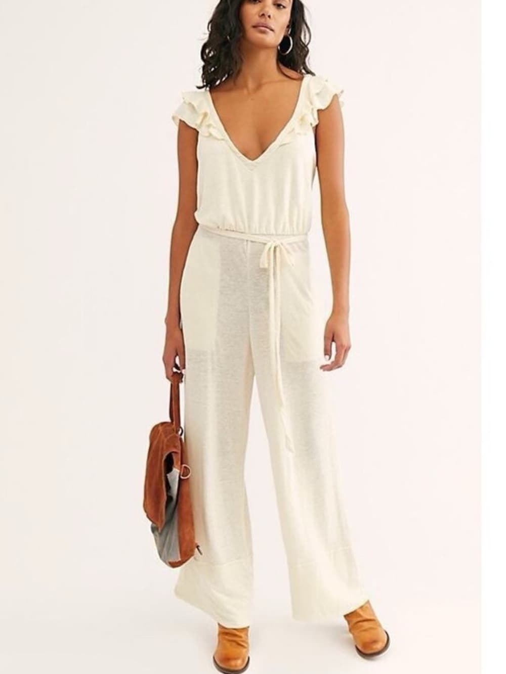 Free People Beach Linen Blend Calluna Jumpsuit Ruffle details tie back size XS - Thumbnail 12