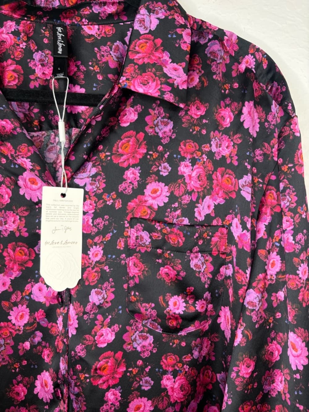 For Love & Lemons Floral Lola Silk-Like Button Down Top pink and black size L - Thumbnail 6