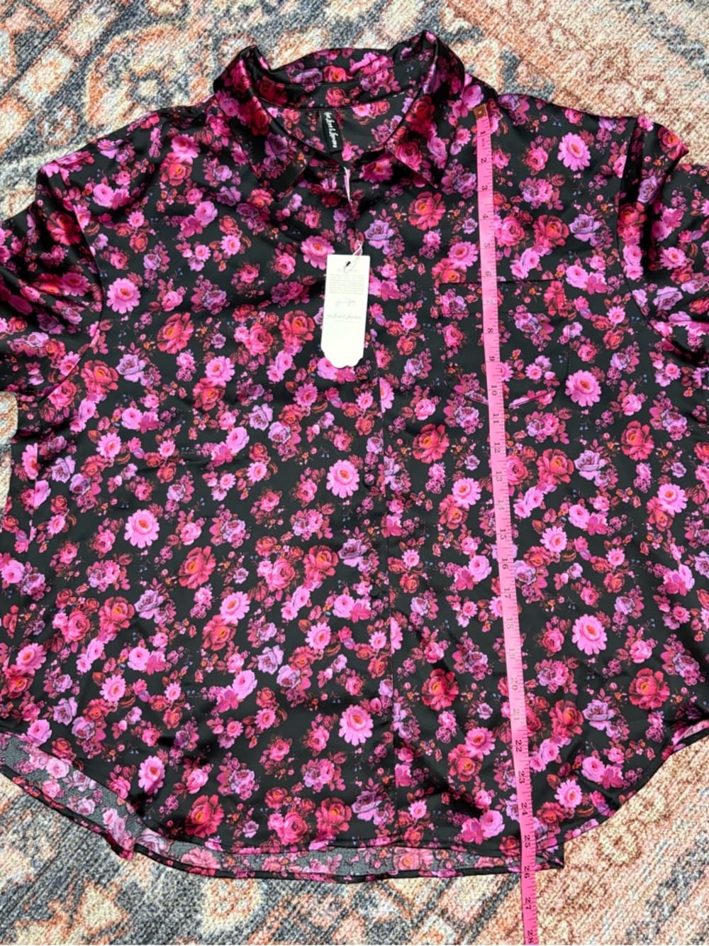 For Love & Lemons Floral Lola Silk-Like Button Down Top pink and black size L - Thumbnail 12